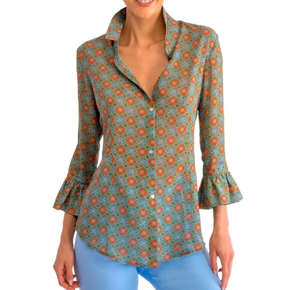 Gretchen Scott Designs Green Multi-Color Button Down Shirt